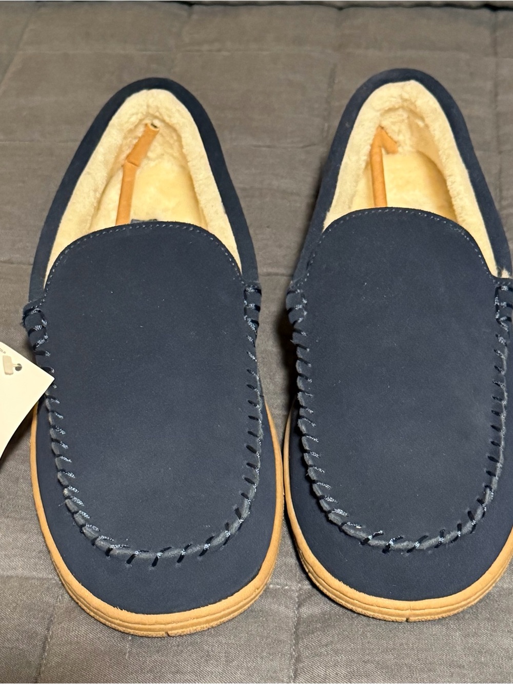Lands End Men's Navy Moccasin Slippers with Faux Sherpa Lining